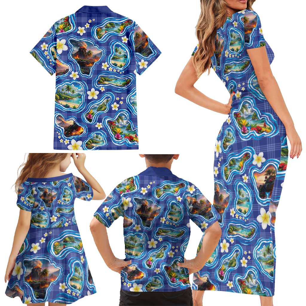Hawaiian Island Shapes-Iconic Landscape Family Matching Short Sleeve Bodycon Dress and Hawaiian Shirt with Plumeria and Palaka Blue Color