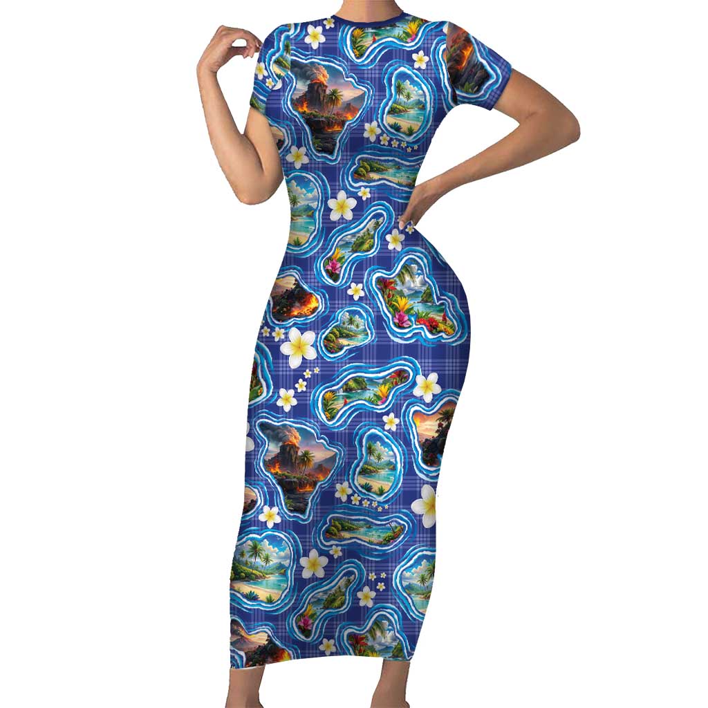 Hawaiian Island Shapes-Iconic Landscape Family Matching Short Sleeve Bodycon Dress and Hawaiian Shirt with Plumeria and Palaka Blue Color