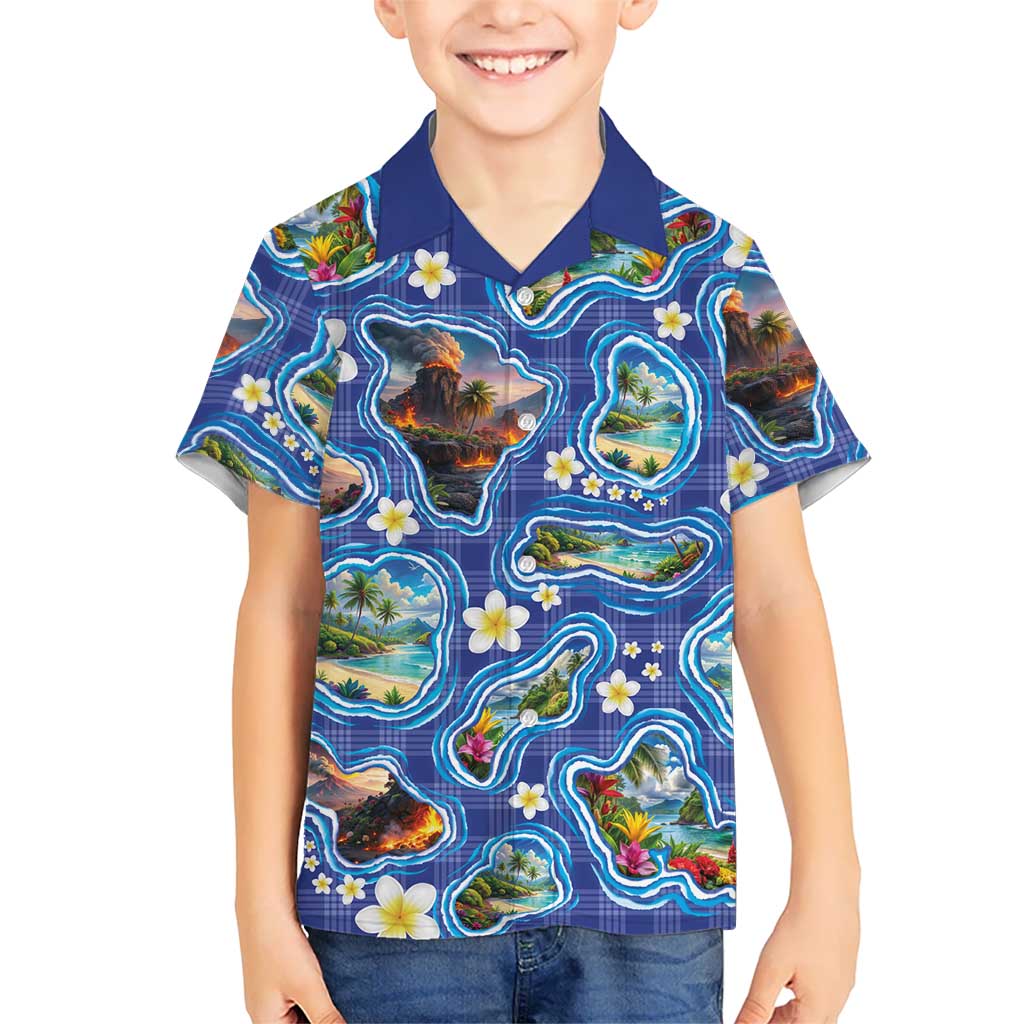 Hawaiian Island Shapes-Iconic Landscape Family Matching Short Sleeve Bodycon Dress and Hawaiian Shirt with Plumeria and Palaka Blue Color