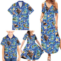 Hawaiian Island Shapes-Iconic Landscape Family Matching Summer Maxi Dress and Hawaiian Shirt with Plumeria and Palaka Blue Color