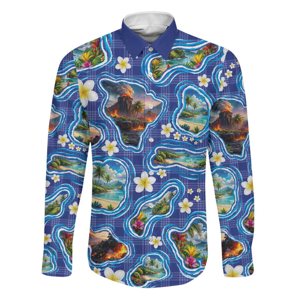 Hawaiian Island Shapes-Iconic Landscape Family Matching Summer Maxi Dress and Hawaiian Shirt with Plumeria and Palaka Blue Color
