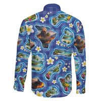 Hawaiian Island Shapes-Iconic Landscape Family Matching Summer Maxi Dress and Hawaiian Shirt with Plumeria and Palaka Blue Color