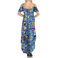 Hawaiian Island Shapes-Iconic Landscape Family Matching Summer Maxi Dress and Hawaiian Shirt with Plumeria and Palaka Blue Color