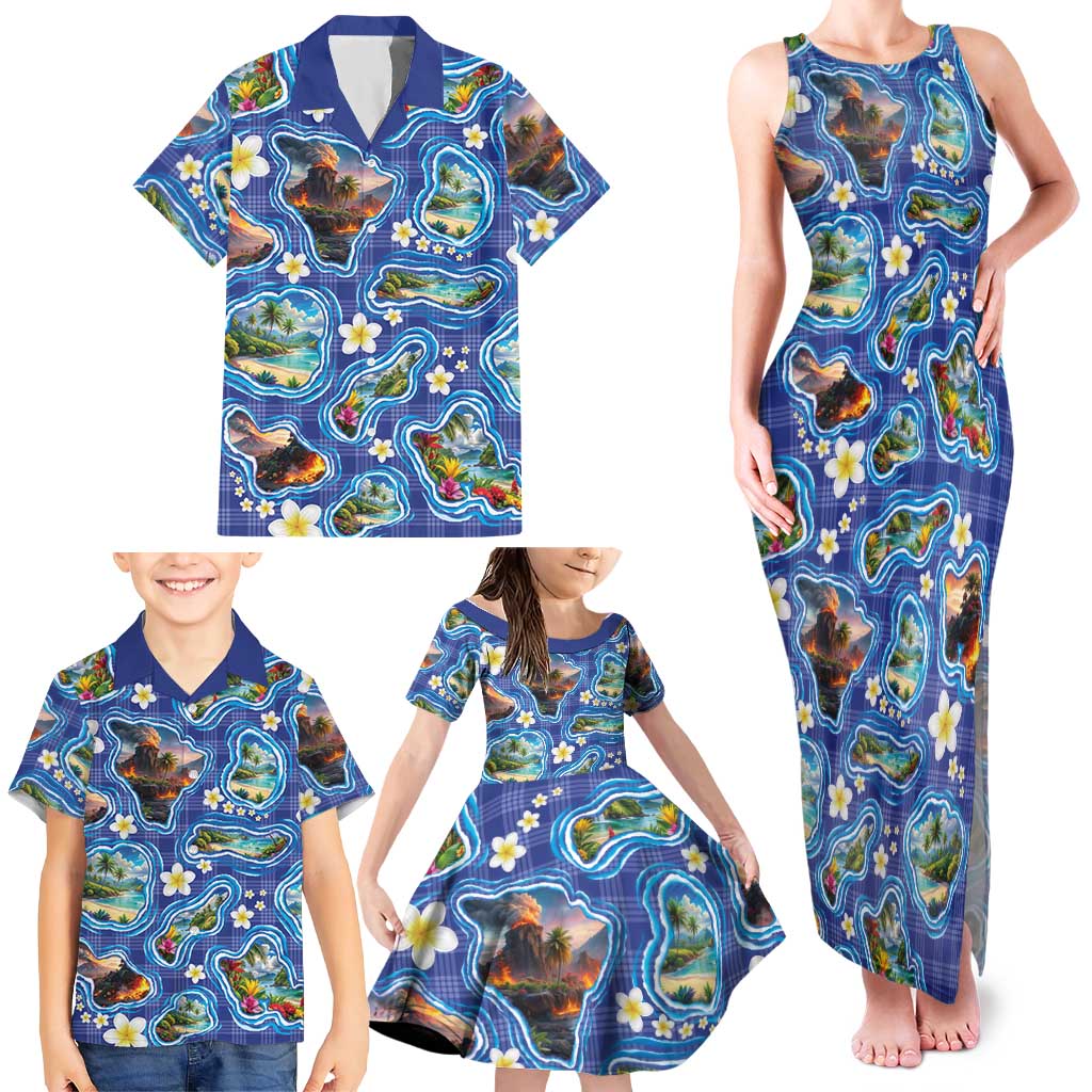 Hawaiian Island Shapes-Iconic Landscape Family Matching Tank Maxi Dress and Hawaiian Shirt with Plumeria and Palaka Blue Color