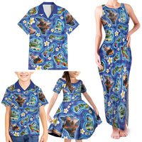 Hawaiian Island Shapes-Iconic Landscape Family Matching Tank Maxi Dress and Hawaiian Shirt with Plumeria and Palaka Blue Color