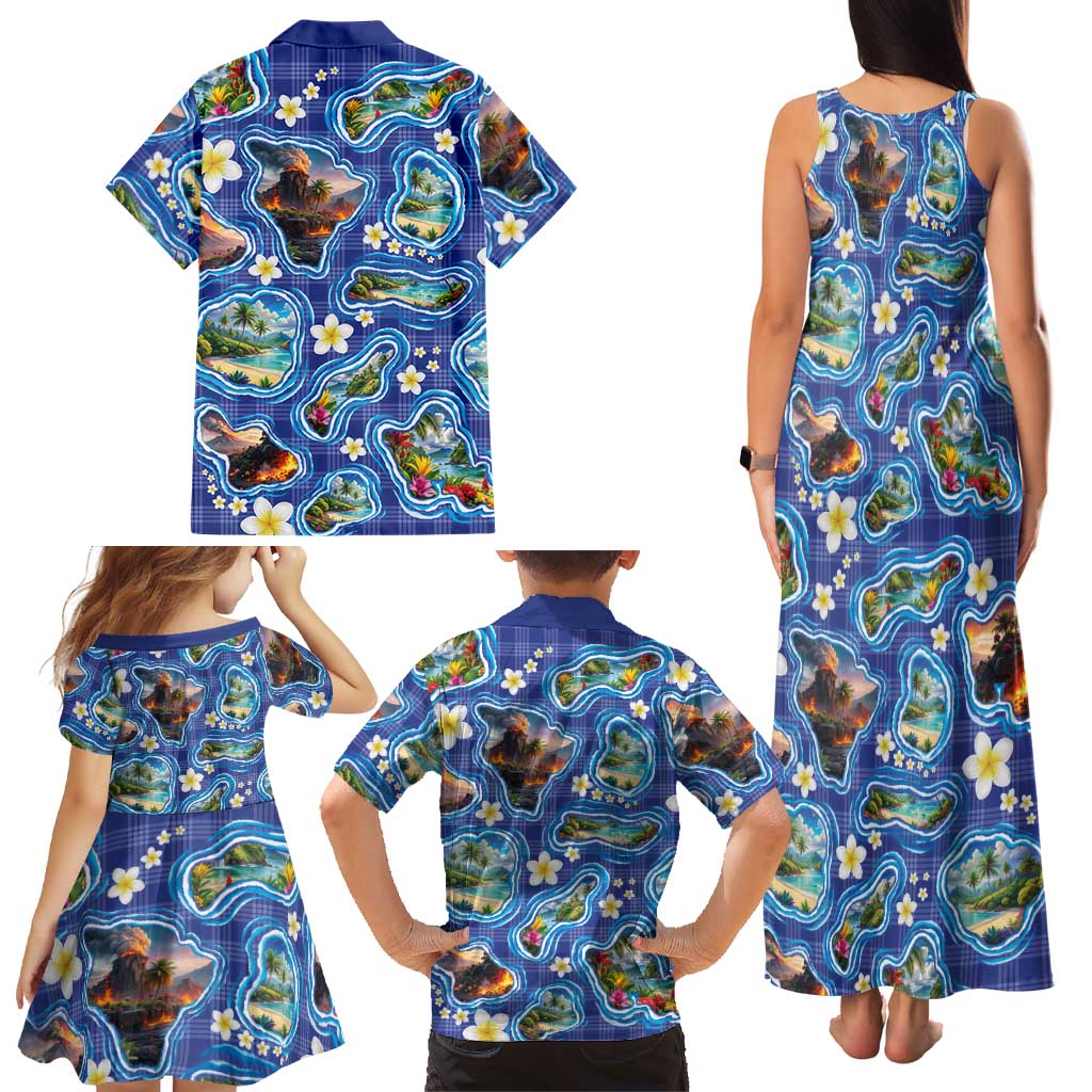 Hawaiian Island Shapes-Iconic Landscape Family Matching Tank Maxi Dress and Hawaiian Shirt with Plumeria and Palaka Blue Color