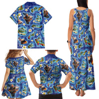 Hawaiian Island Shapes-Iconic Landscape Family Matching Tank Maxi Dress and Hawaiian Shirt with Plumeria and Palaka Blue Color