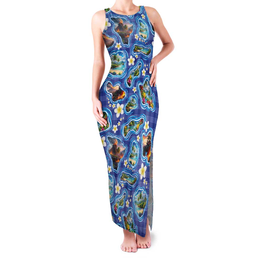 Hawaiian Island Shapes-Iconic Landscape Family Matching Tank Maxi Dress and Hawaiian Shirt with Plumeria and Palaka Blue Color