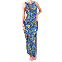Hawaiian Island Shapes-Iconic Landscape Family Matching Tank Maxi Dress and Hawaiian Shirt with Plumeria and Palaka Blue Color