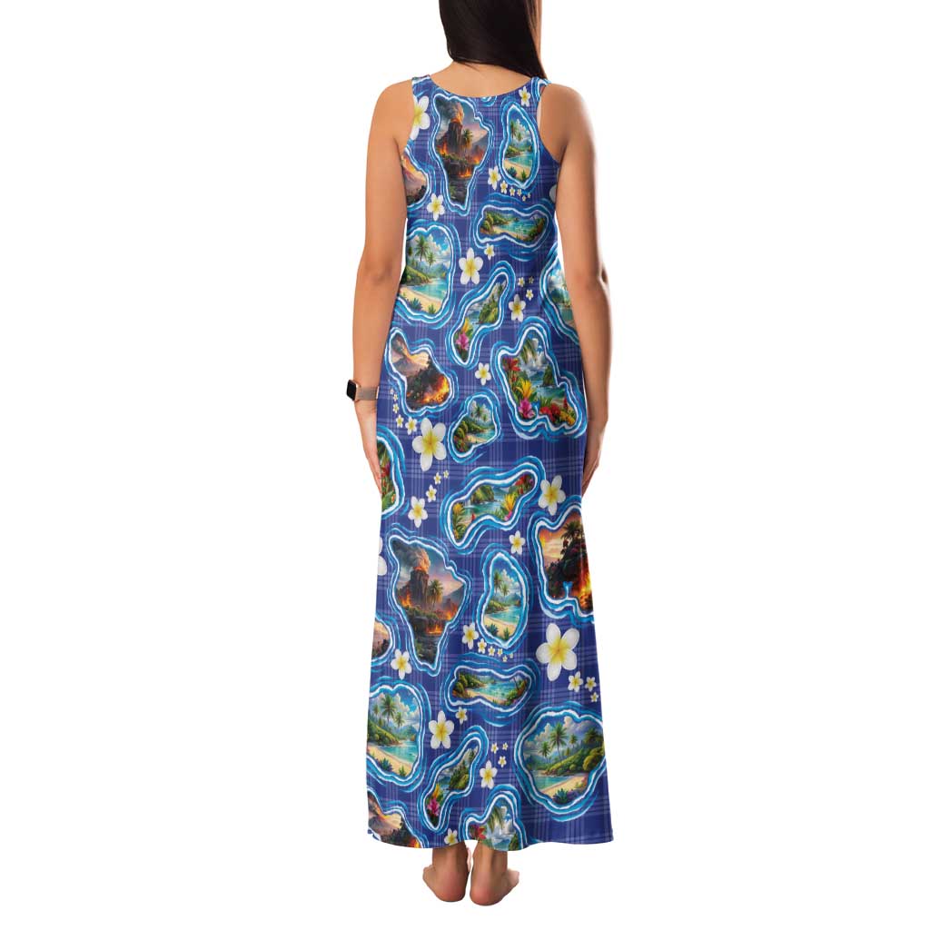 Hawaiian Island Shapes-Iconic Landscape Family Matching Tank Maxi Dress and Hawaiian Shirt with Plumeria and Palaka Blue Color