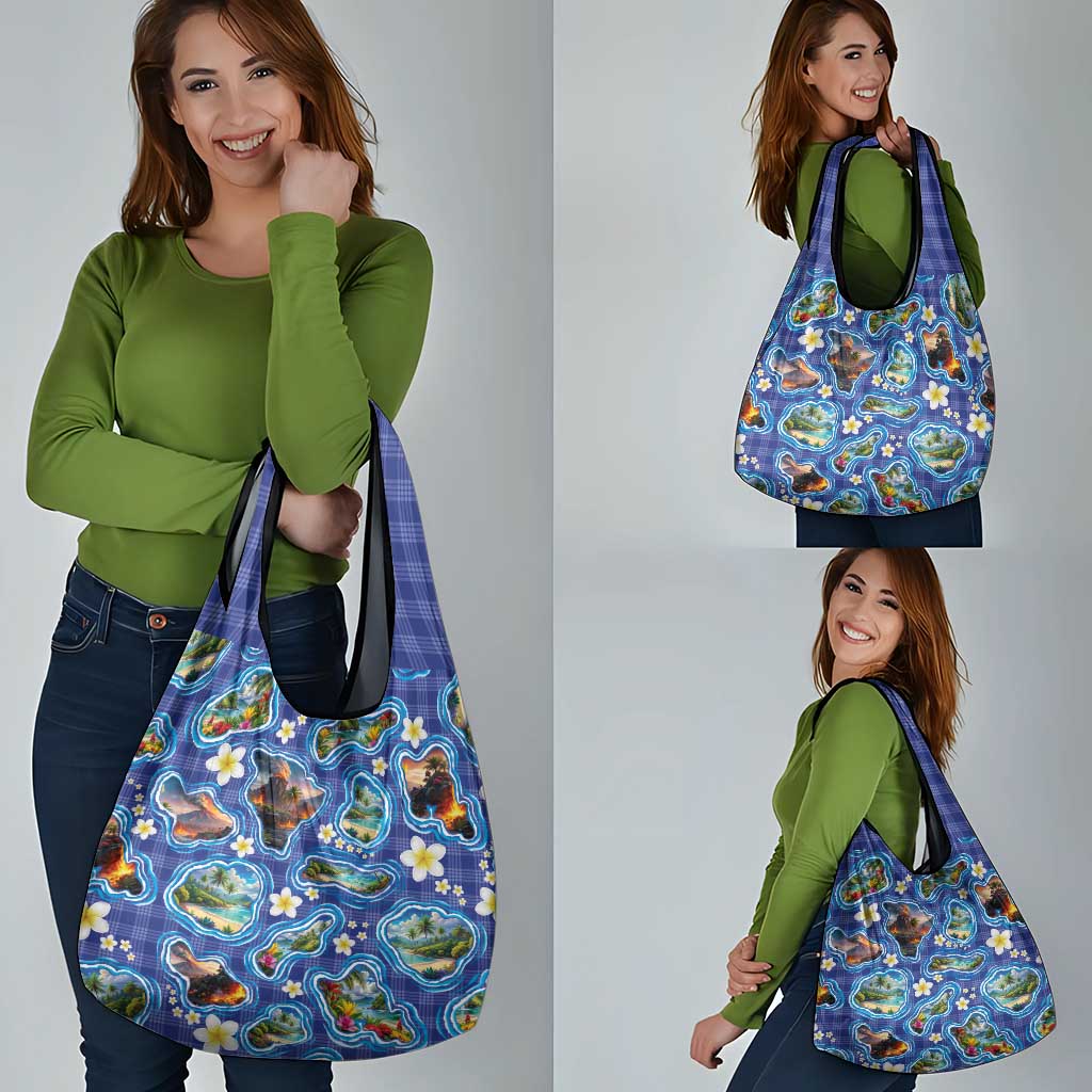 Hawaiian Island Shapes-Iconic Landscape Grocery Bag with Plumeria and Palaka Blue Color