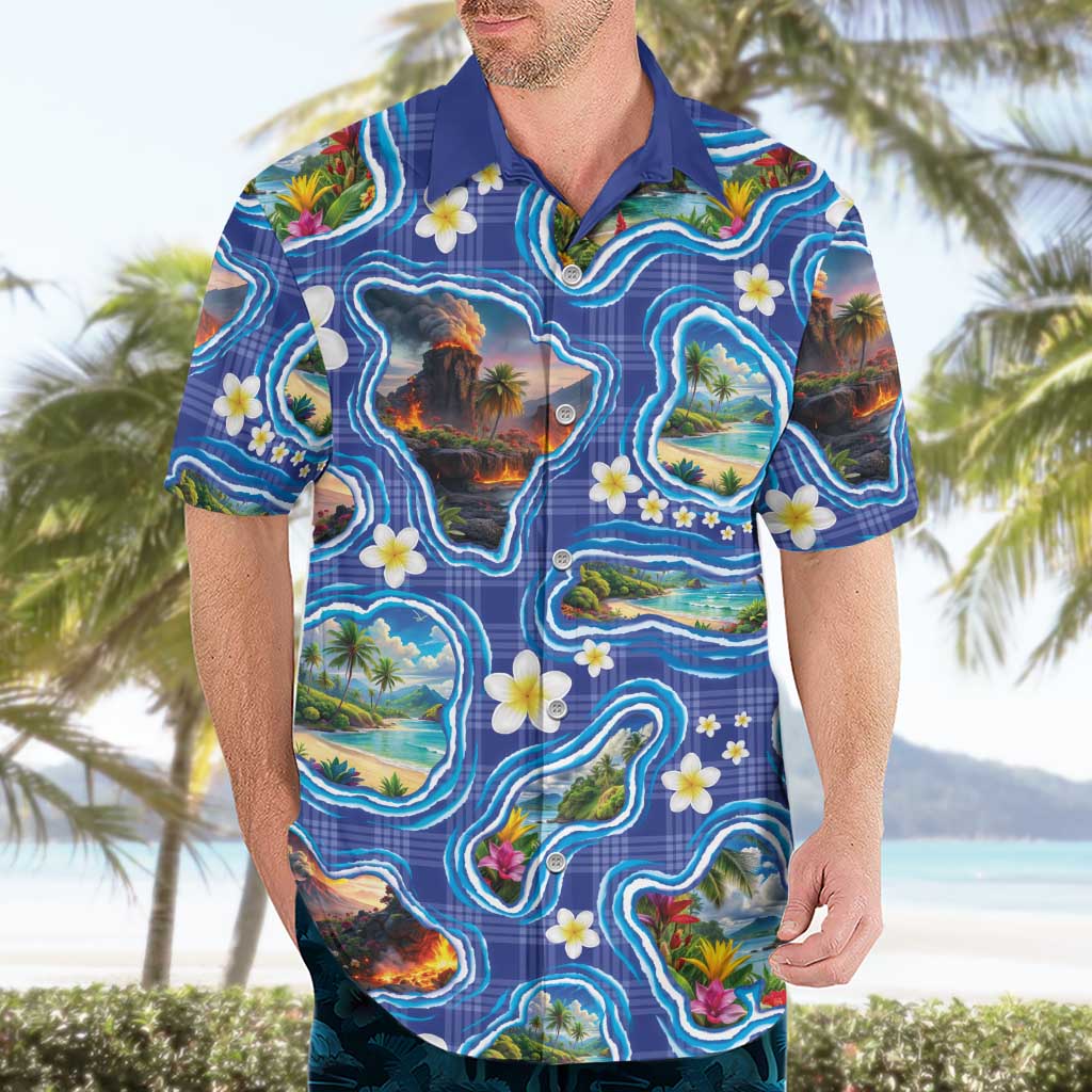 Hawaiian Island Shapes-Iconic Landscape Hawaiian Shirt with Plumeria and Palaka Blue Color