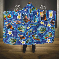 Hawaiian Island Shapes-Iconic Landscape Hooded Blanket with Plumeria and Palaka Blue Color