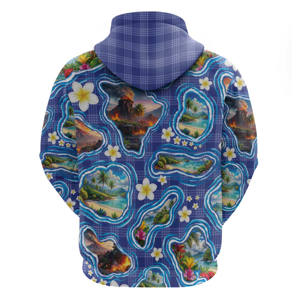 Hawaiian Island Shapes-Iconic Landscape Hoodie with Plumeria and Palaka Blue Color