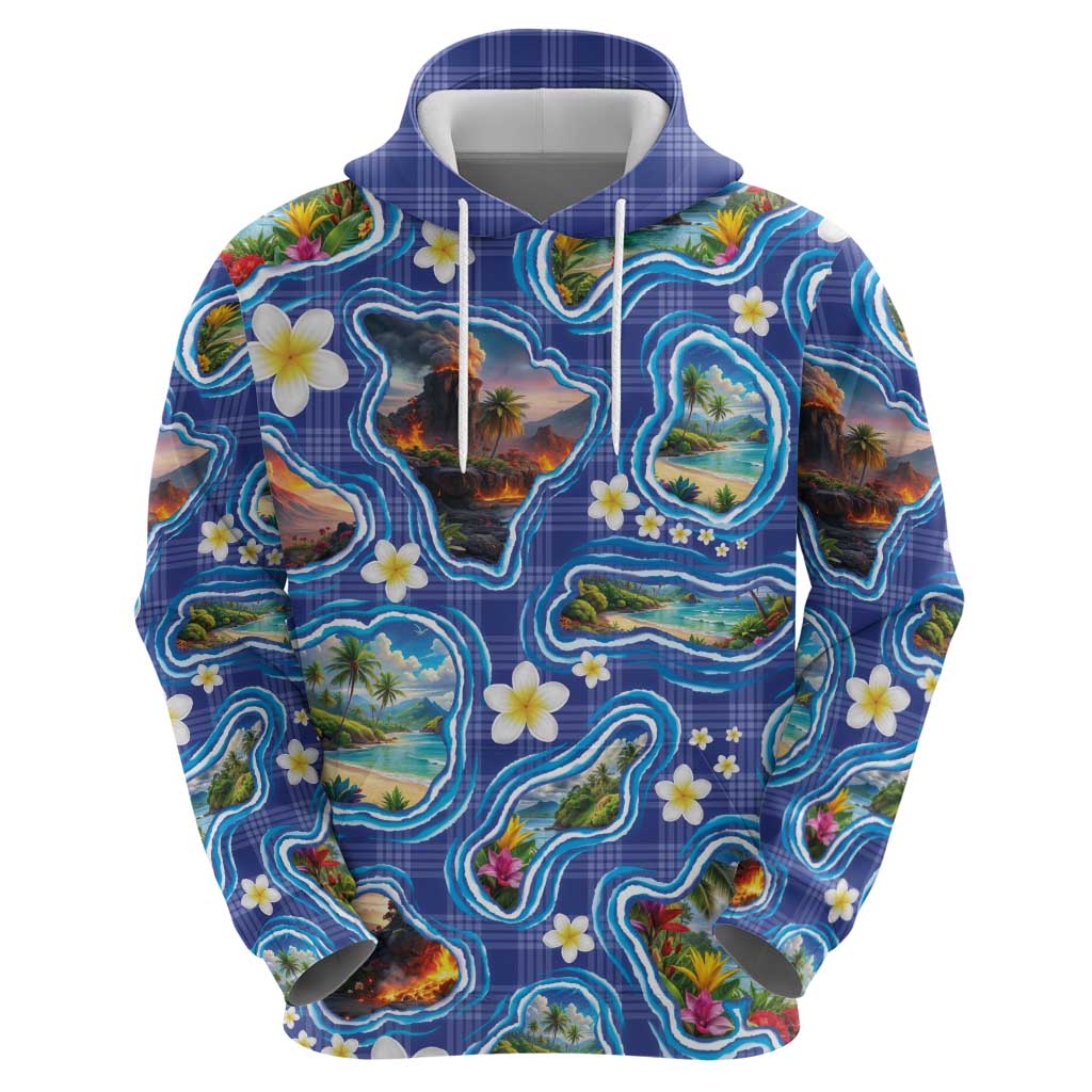 Hawaiian Island Shapes-Iconic Landscape Hoodie with Plumeria and Palaka Blue Color