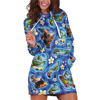 Hawaiian Island Shapes-Iconic Landscape Hoodie Dress with Plumeria and Palaka Blue Color