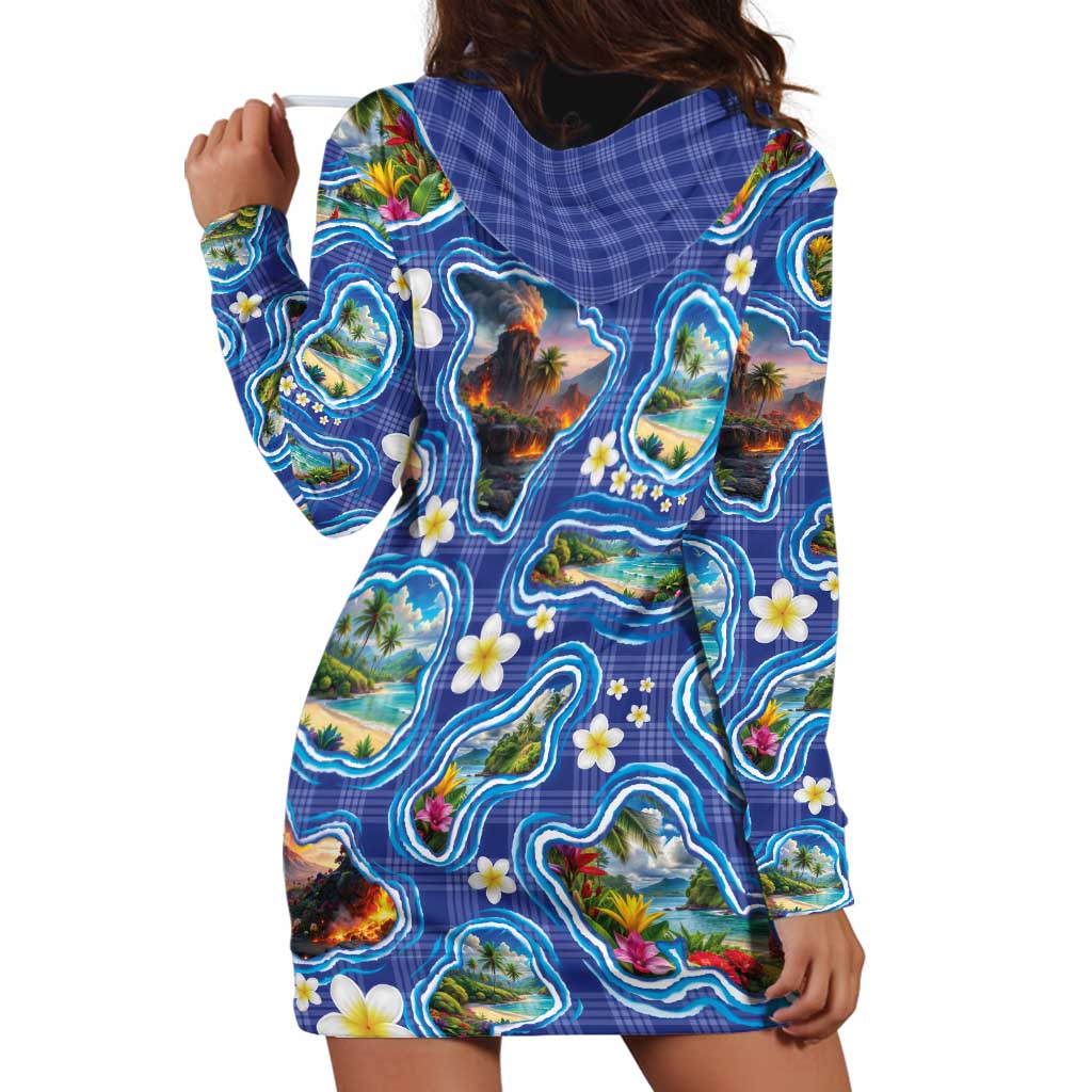 Hawaiian Island Shapes-Iconic Landscape Hoodie Dress with Plumeria and Palaka Blue Color