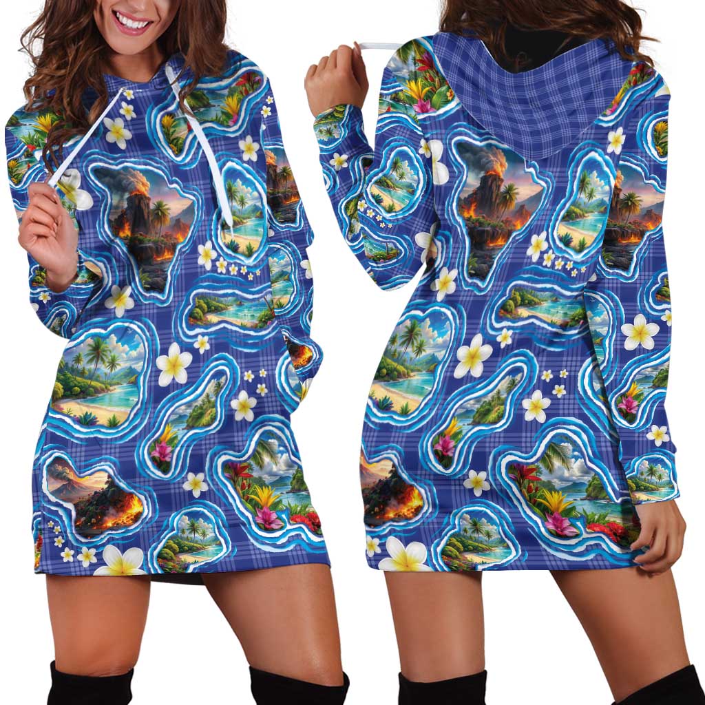 Hawaiian Island Shapes-Iconic Landscape Hoodie Dress with Plumeria and Palaka Blue Color