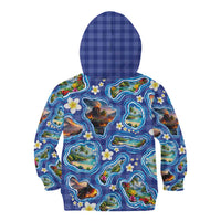 Hawaiian Island Shapes-Iconic Landscape Kid Hoodie with Plumeria and Palaka Blue Color