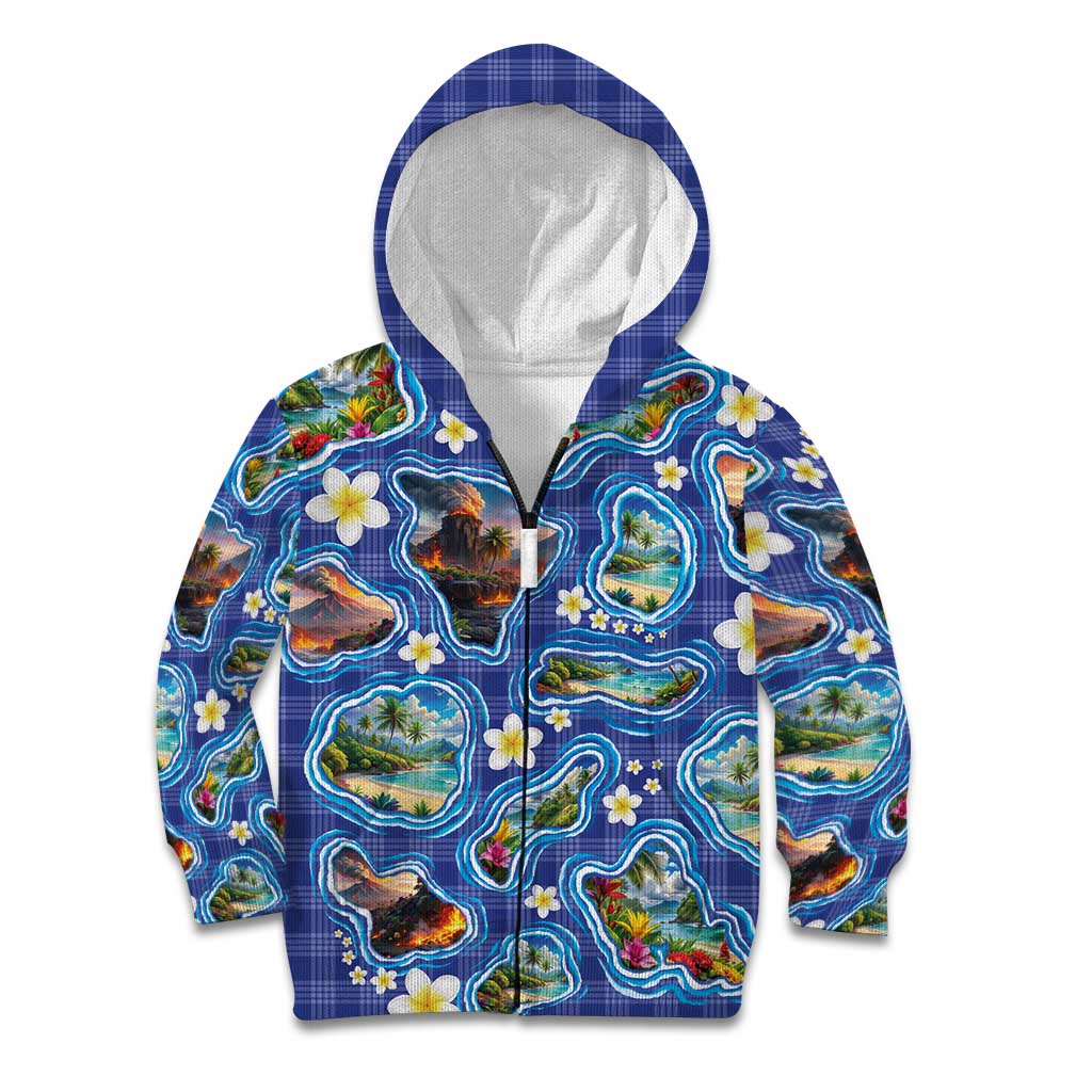Hawaiian Island Shapes-Iconic Landscape Kid Hoodie with Plumeria and Palaka Blue Color