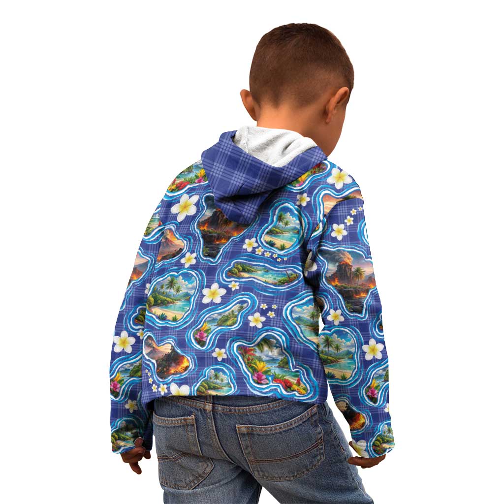 Hawaiian Island Shapes-Iconic Landscape Kid Hoodie with Plumeria and Palaka Blue Color