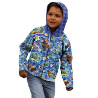 Hawaiian Island Shapes-Iconic Landscape Kid Hoodie with Plumeria and Palaka Blue Color