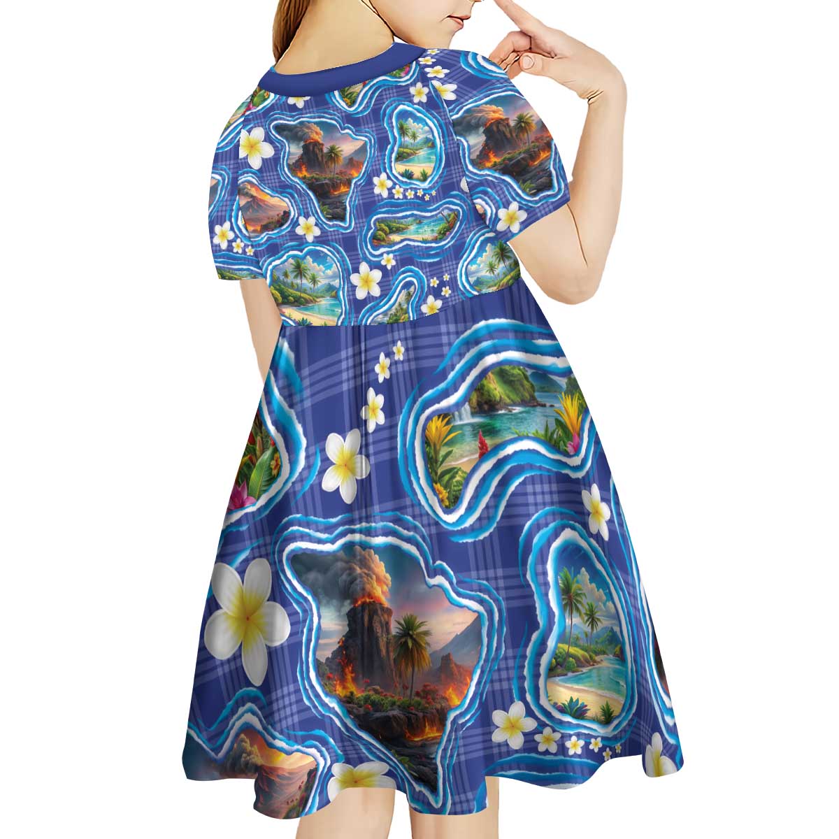 Hawaiian Island Shapes-Iconic Landscape Kid Short Sleeve Dress with Plumeria and Palaka Blue Color