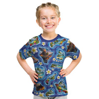 Hawaiian Island Shapes-Iconic Landscape Kid T Shirt with Plumeria and Palaka Blue Color