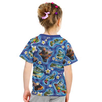 Hawaiian Island Shapes-Iconic Landscape Kid T Shirt with Plumeria and Palaka Blue Color