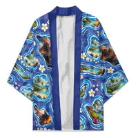 Hawaiian Island Shapes-Iconic Landscape Kimono with Plumeria and Palaka Blue Color