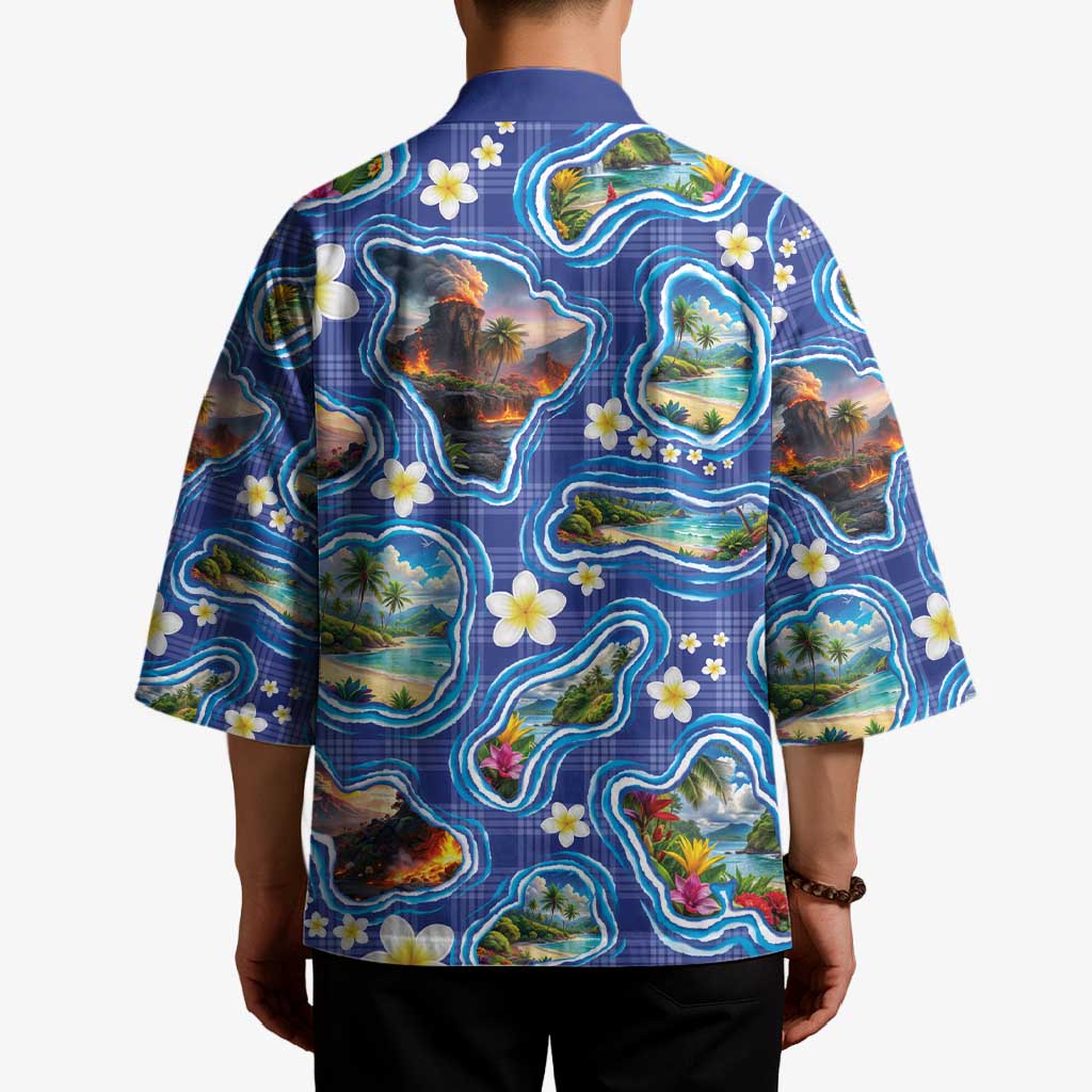 Hawaiian Island Shapes-Iconic Landscape Kimono with Plumeria and Palaka Blue Color