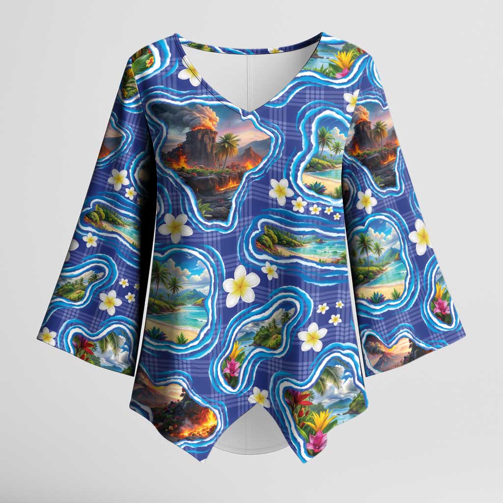 Hawaiian Island Shapes-Iconic Landscape Kimono Sleeve Blouse with Plumeria and Palaka Blue Color