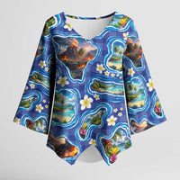 Hawaiian Island Shapes-Iconic Landscape Kimono Sleeve Blouse with Plumeria and Palaka Blue Color