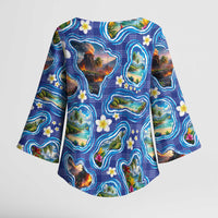 Hawaiian Island Shapes-Iconic Landscape Kimono Sleeve Blouse with Plumeria and Palaka Blue Color
