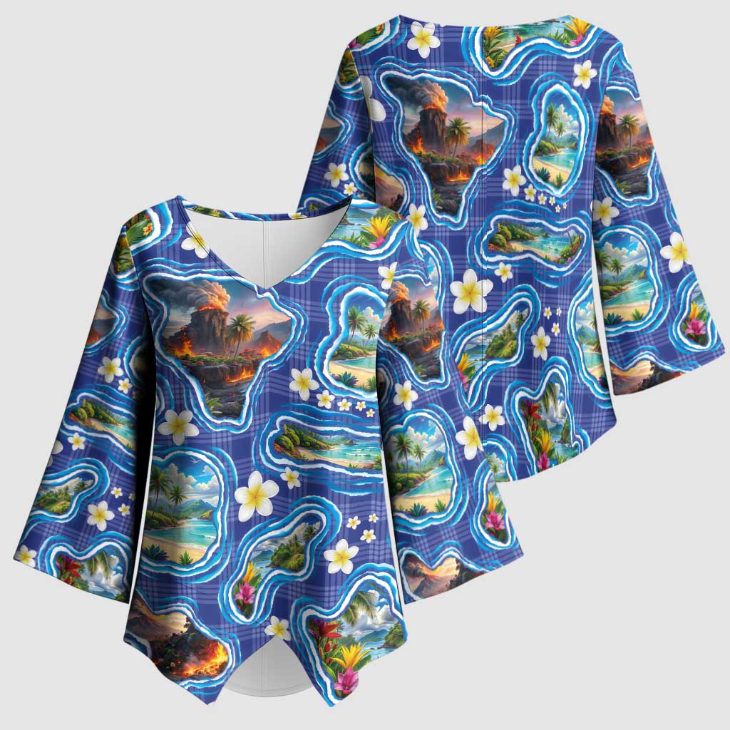 Hawaiian Island Shapes-Iconic Landscape Kimono Sleeve Blouse with Plumeria and Palaka Blue Color