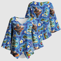 Hawaiian Island Shapes-Iconic Landscape Kimono Sleeve Blouse with Plumeria and Palaka Blue Color