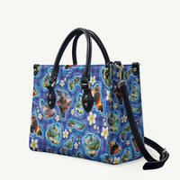 Hawaiian Island Shapes-Iconic Landscape Leather Bag with Plumeria and Palaka Blue Color