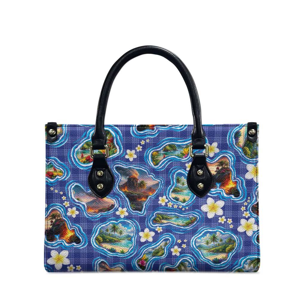 Hawaiian Island Shapes-Iconic Landscape Leather Bag with Plumeria and Palaka Blue Color