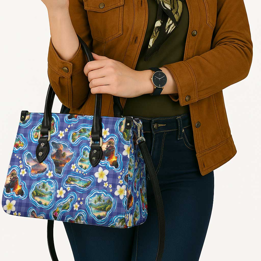 Hawaiian Island Shapes-Iconic Landscape Leather Bag with Plumeria and Palaka Blue Color
