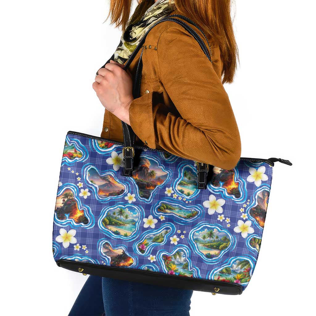 Hawaiian Island Shapes-Iconic Landscape Leather Tote Bag with Plumeria and Palaka Blue Color