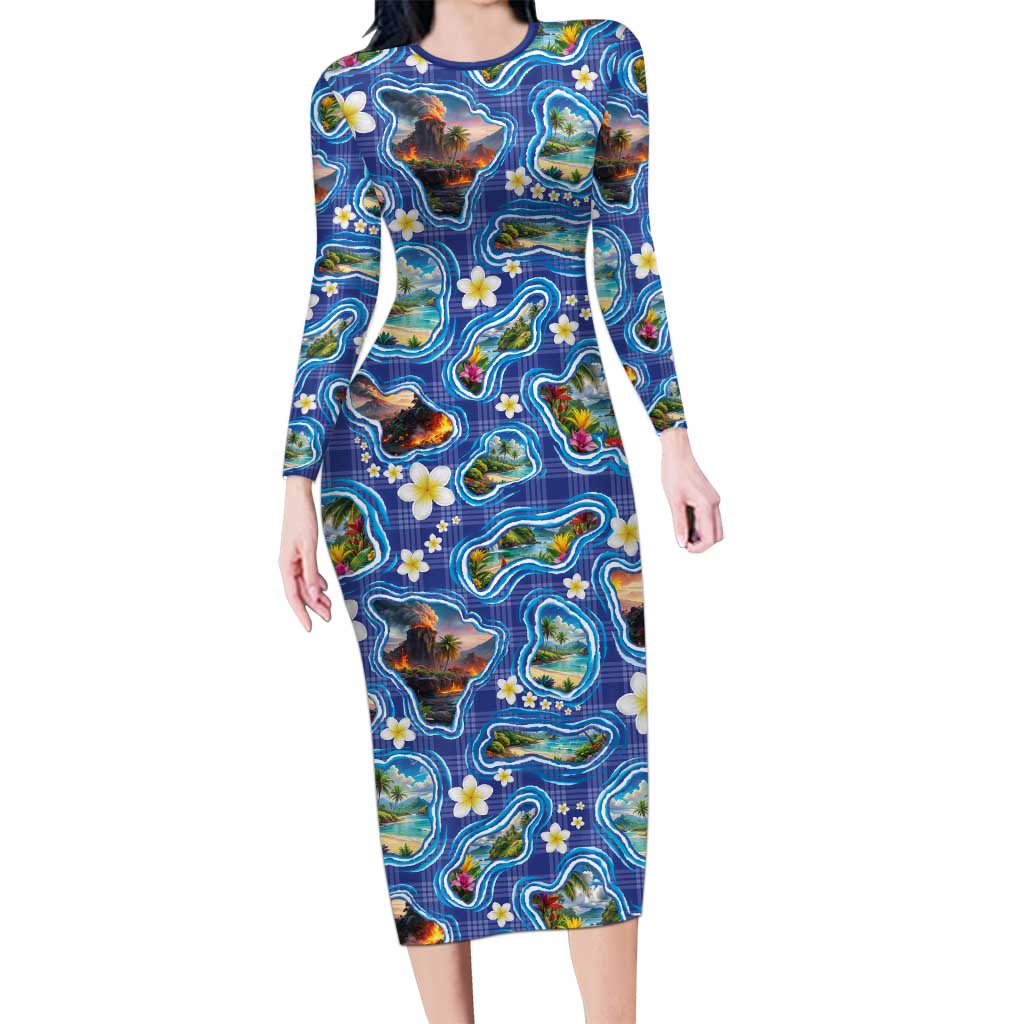 Hawaiian Island Shapes-Iconic Landscape Long Sleeve Bodycon Dress with Plumeria and Palaka Blue Color