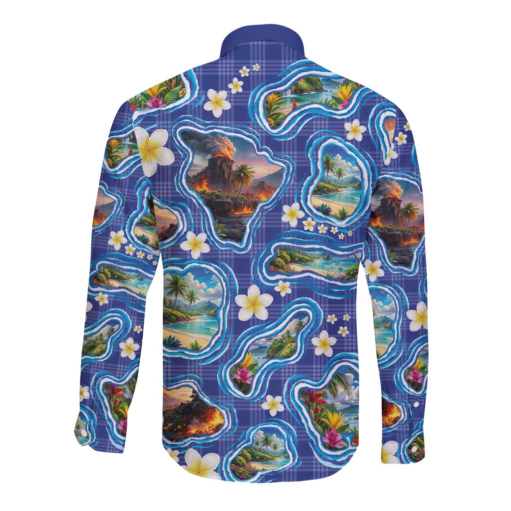 Hawaiian Island Shapes-Iconic Landscape Long Sleeve Button Shirt with Plumeria and Palaka Blue Color