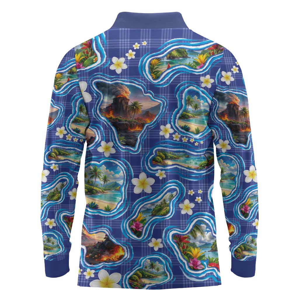 Hawaiian Island Shapes-Iconic Landscape Long Sleeve Polo Shirt with Plumeria and Palaka Blue Color