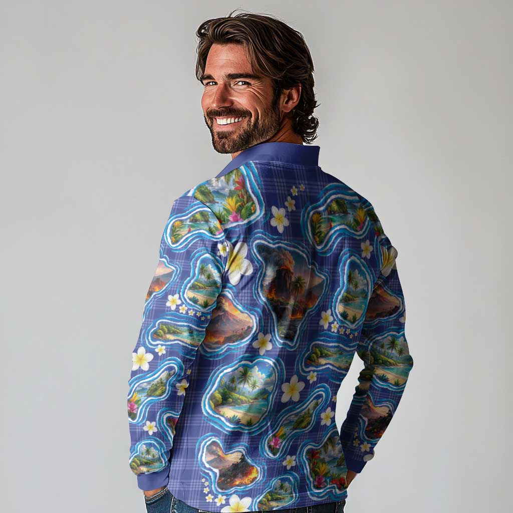Hawaiian Island Shapes-Iconic Landscape Long Sleeve Polo Shirt with Plumeria and Palaka Blue Color