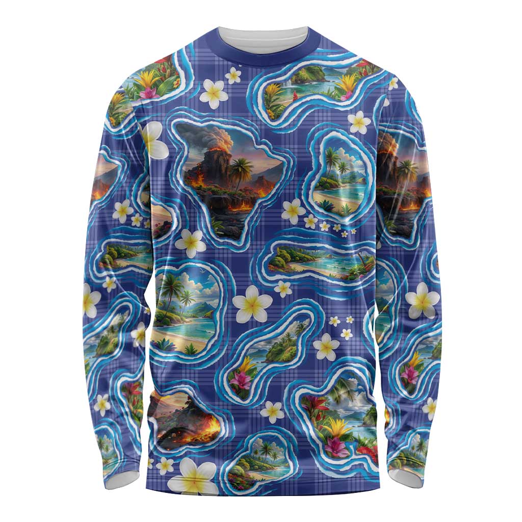 Hawaiian Island Shapes-Iconic Landscape Long Sleeve Shirt with Plumeria and Palaka Blue Color