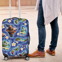 Hawaiian Island Shapes-Iconic Landscape Luggage Cover with Plumeria and Palaka Blue Color