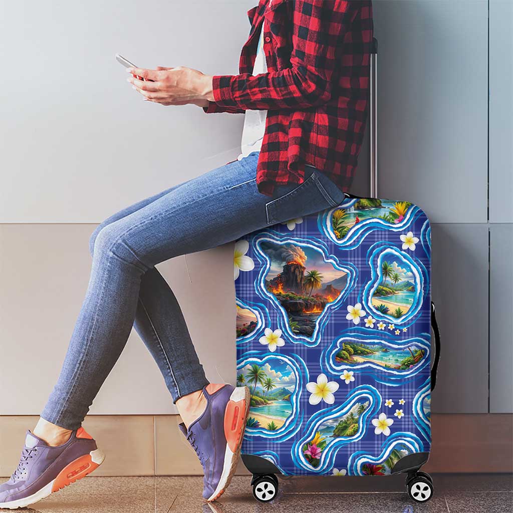 Hawaiian Island Shapes-Iconic Landscape Luggage Cover with Plumeria and Palaka Blue Color