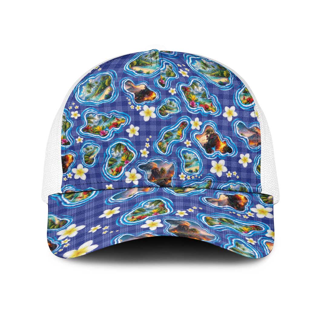 Hawaiian Island Shapes-Iconic Landscape Mesh Trucker Cap with Plumeria and Palaka Blue Color LT03 One Size White Blue - Polynesian Pride