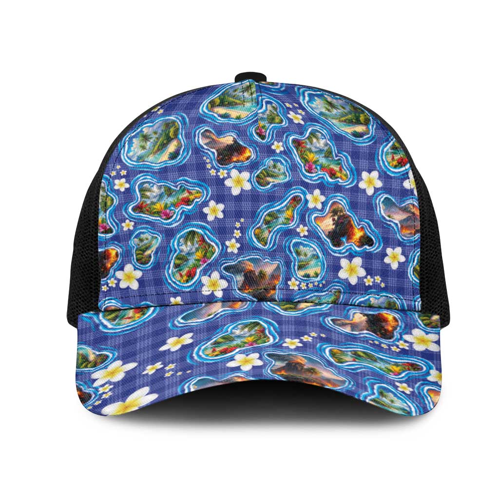 Hawaiian Island Shapes-Iconic Landscape Mesh Trucker Cap with Plumeria and Palaka Blue Color LT03 One Size Black Blue - Polynesian Pride