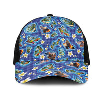 Hawaiian Island Shapes-Iconic Landscape Mesh Trucker Cap with Plumeria and Palaka Blue Color LT03 One Size Black Blue - Polynesian Pride